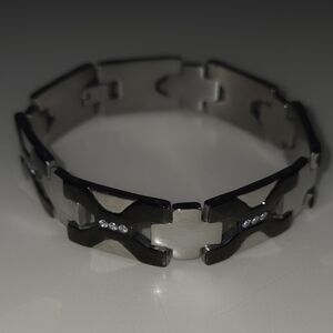 8½" Black and Silver Stainless Steel Bracelet With Crystals